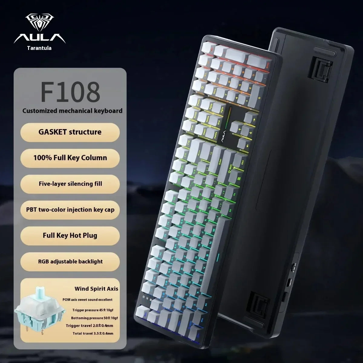 New AULA F108 Customized Gaming Keyboard 2.4GWireless/Bluetooth/Wired 100% Layout RGB Keyboard Full Key Hot Swap Game Accessorie