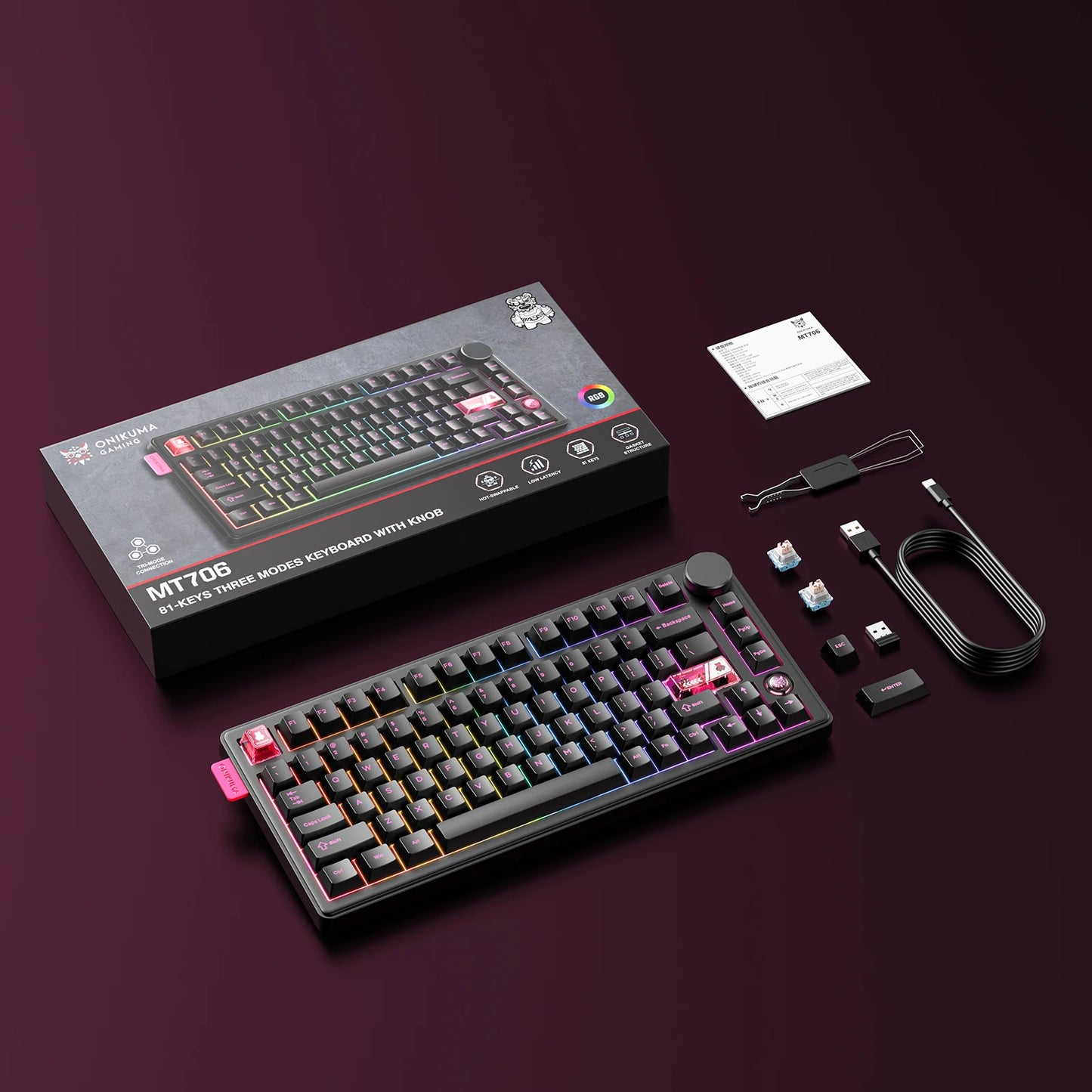 ONIKUMA MT706 Wireless Gaming Keyboard Thri-mode Connection Gasket Mount Full Key Hot Swappable RGB Esports Customized  Keyboard