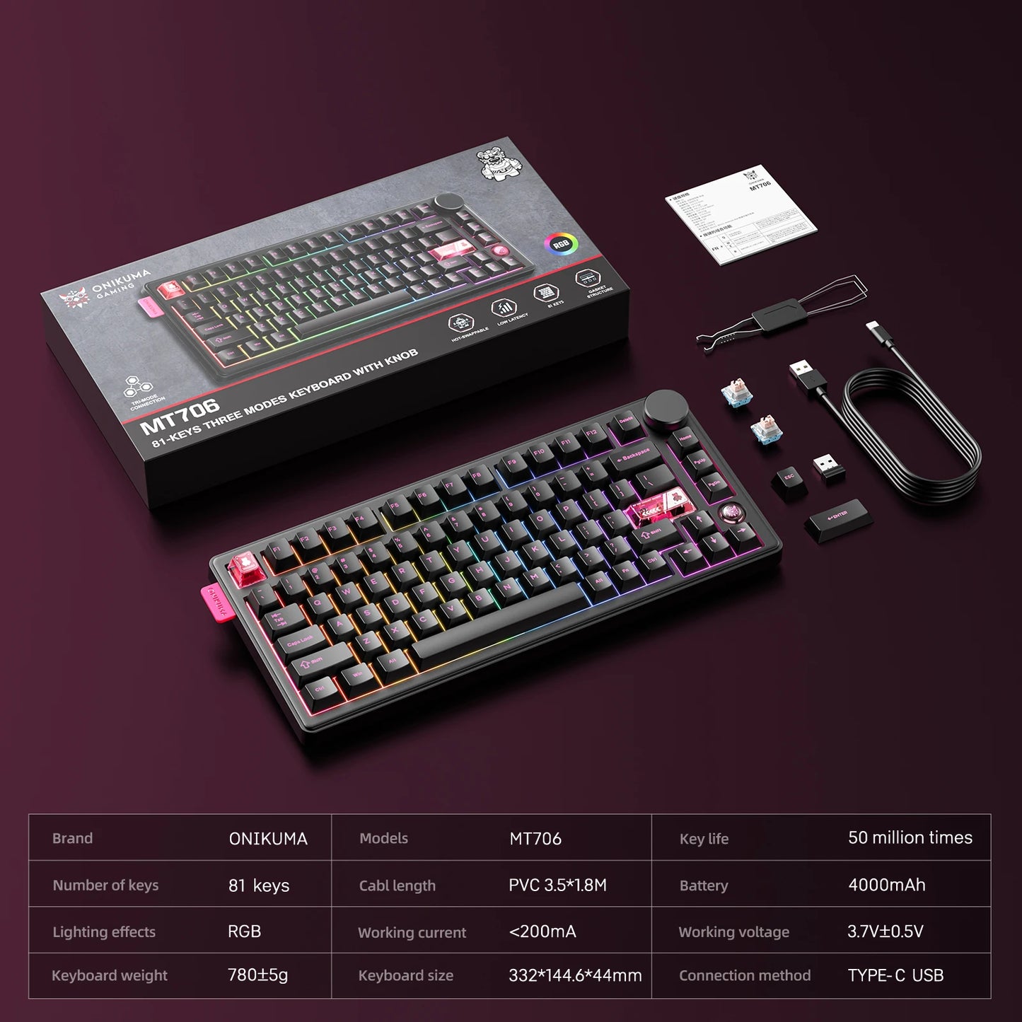 ONIKUMA MT706 Wireless Gaming Keyboard Thri-mode Connection Gasket Mount Full Key Hot Swappable RGB Esports Customized  Keyboard