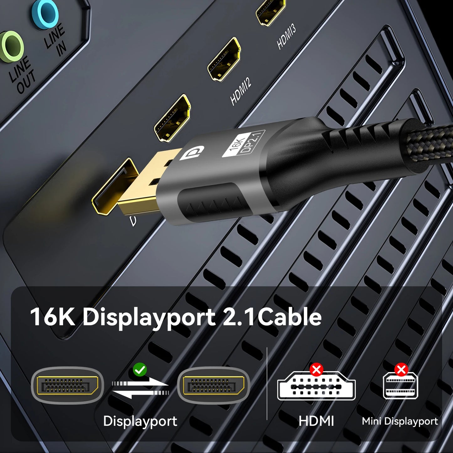 16K DP Cable 8K@120Hz/60Hz 4K@240Hz 80Gbps Displayport 2.1 HDR Video Audio Cable for Laptop Xbox Projector Gaming Monitor