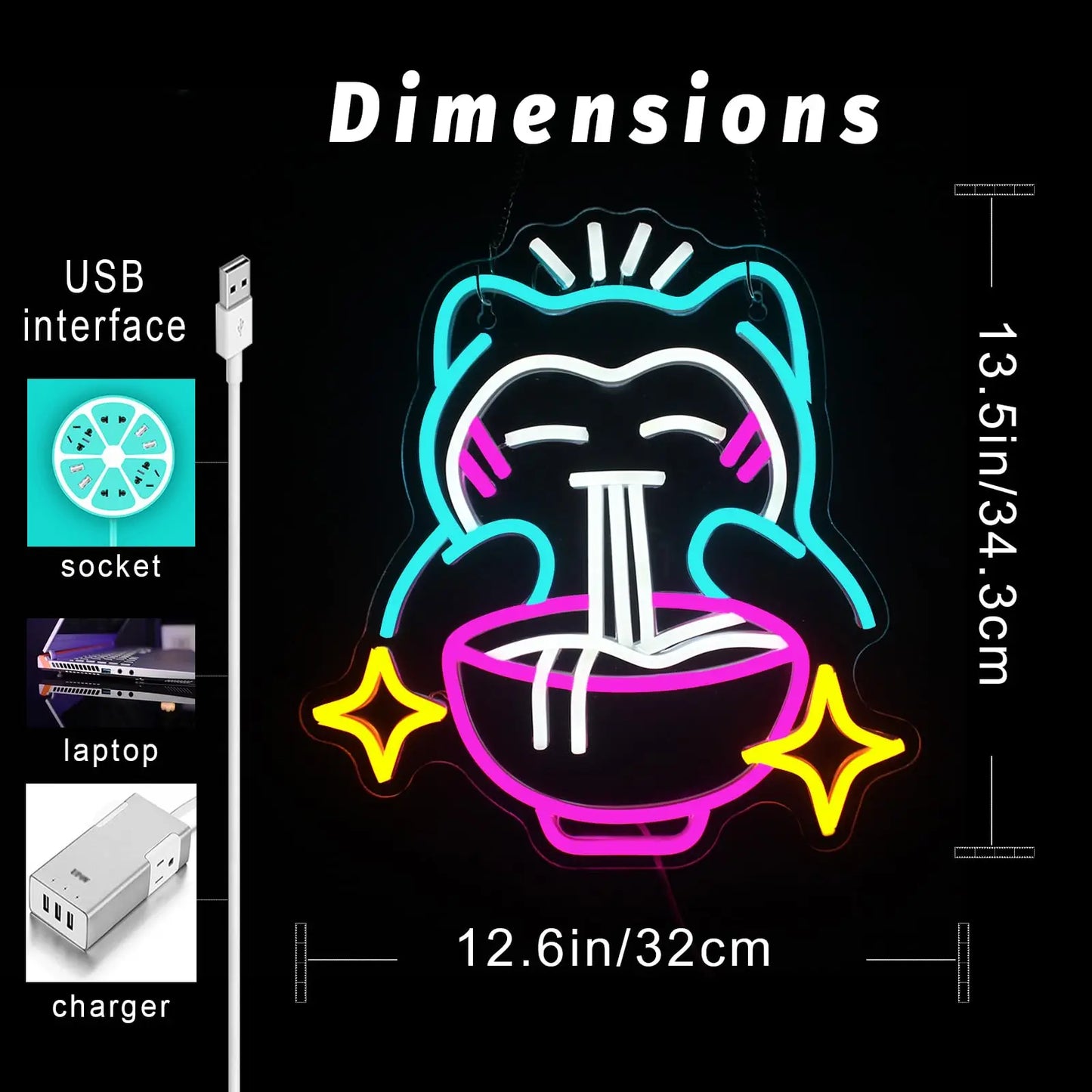 LED Ramen Neon Light - Cute Bear Noodle Neon Sign, Dimmable Japanese Wall Decor for Gaming Room, Restaurants, Bars, Kids Bedroom