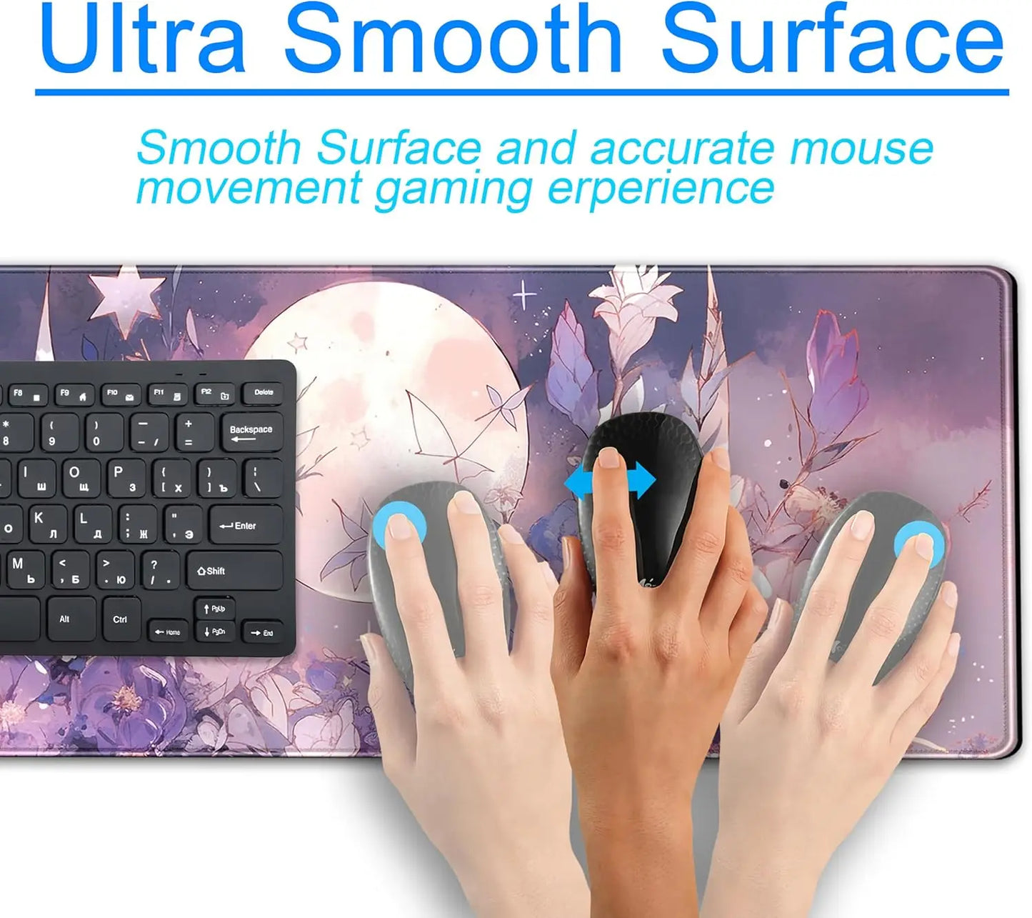 Cool Kawaii Pastel Purple Floral Large Gaming Mousepad Spiritual Full Moon XL Mouse Mat for Women Office Decor 31.5''x11.8''