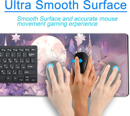 Cool Kawaii Pastel Purple Floral Large Gaming Mousepad Spiritual Full Moon XL Mouse Mat for Women Office Decor 31.5''x11.8''