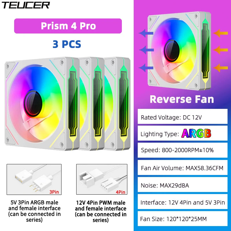 TEUCER Prism4 Pro 12cm ARGB Fan PC Case Fan Kit 4pin PWM CPU Cooling Fans 3pin 5v RGB Gaming Computer Fan