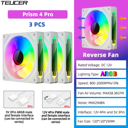 TEUCER Prism4 Pro 12cm ARGB Fan PC Case Fan Kit 4pin PWM CPU Cooling Fans 3pin 5v RGB Gaming Computer Fan