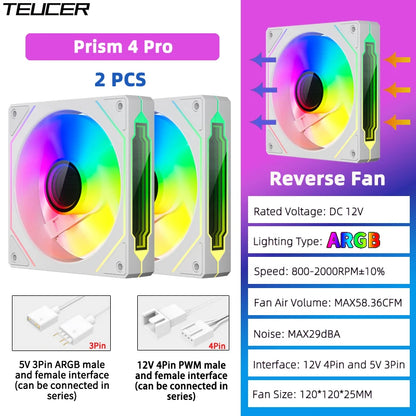 TEUCER Prism4 Pro 12cm ARGB Fan PC Case Fan Kit 4pin PWM CPU Cooling Fans 3pin 5v RGB Gaming Computer Fan