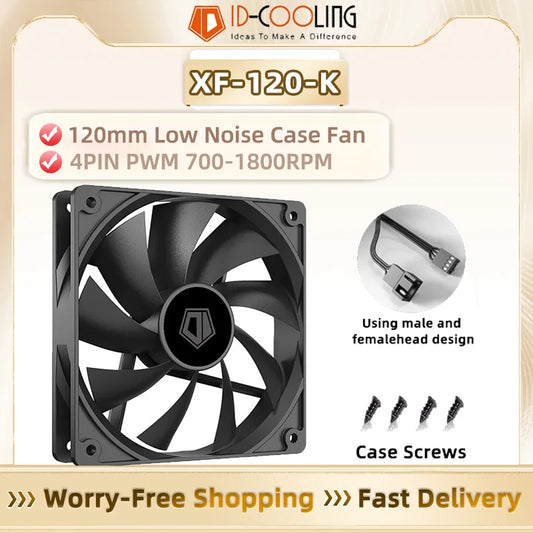 ID-COOLING XF-120-K 120mm 12V 4Pin PWM Computer Case Fan for Gaming PC, Adjustable Speed Silent Cooling & Efficient Airflow