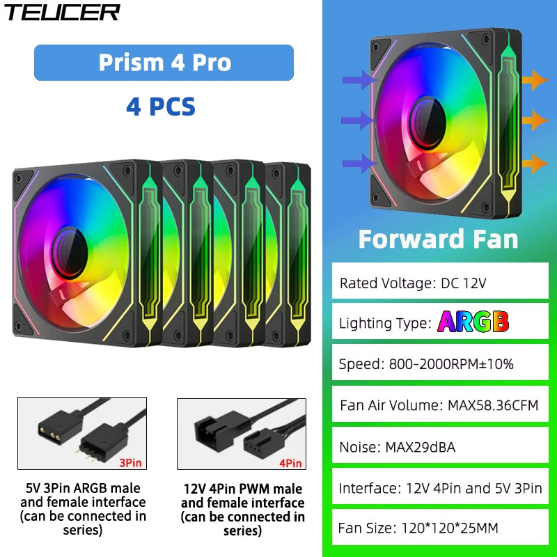 TEUCER Prism4 Pro 12cm ARGB Fan PC Case Fan Kit 4pin PWM CPU Cooling Fans 3pin 5v RGB Gaming Computer Fan