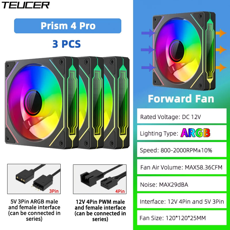 TEUCER Prism4 Pro 12cm ARGB Fan PC Case Fan Kit 4pin PWM CPU Cooling Fans 3pin 5v RGB Gaming Computer Fan