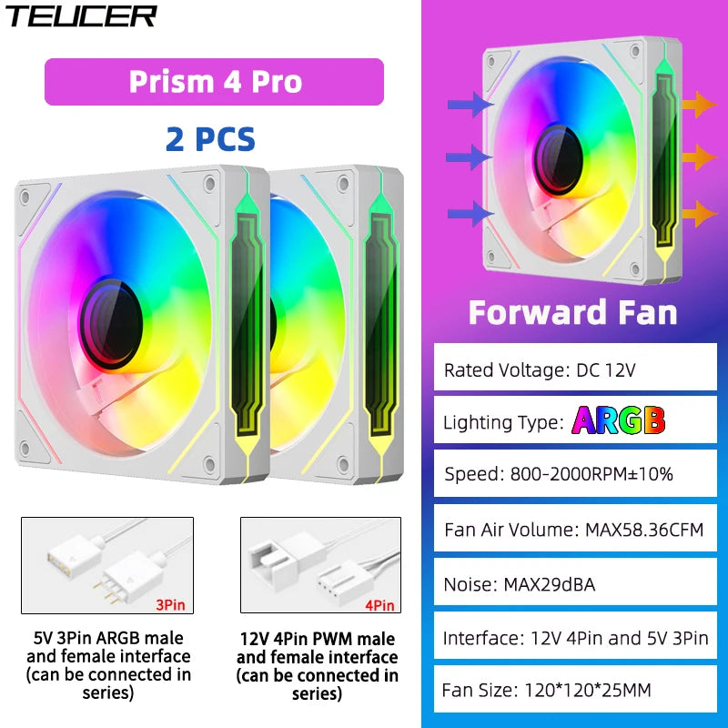 TEUCER Prism4 Pro 12cm ARGB Fan PC Case Fan Kit 4pin PWM CPU Cooling Fans 3pin 5v RGB Gaming Computer Fan