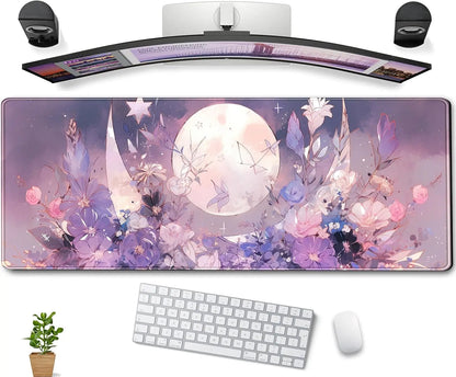 Cool Kawaii Pastel Purple Floral Large Gaming Mousepad Spiritual Full Moon XL Mouse Mat for Women Office Decor 31.5''x11.8''
