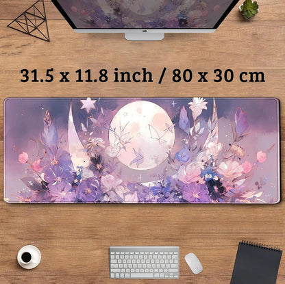 Cool Kawaii Pastel Purple Floral Large Gaming Mousepad Spiritual Full Moon XL Mouse Mat for Women Office Decor 31.5''x11.8''