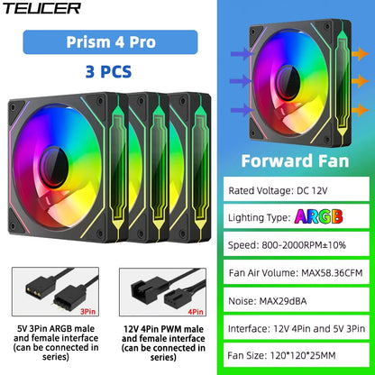 TEUCER Prism4 Pro 12cm ARGB Fan PC Case Fan Kit 4pin PWM CPU Cooling Fans 3pin 5v RGB Gaming Computer Fan
