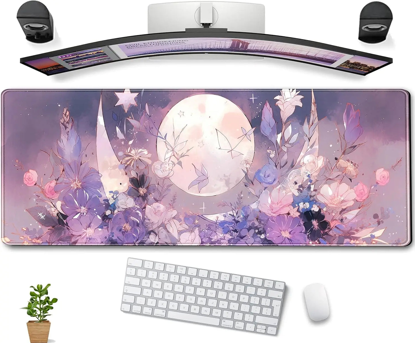 Cool Kawaii Pastel Purple Floral Large Gaming Mousepad Spiritual Full Moon XL Mouse Mat for Women Office Decor 31.5''x11.8''