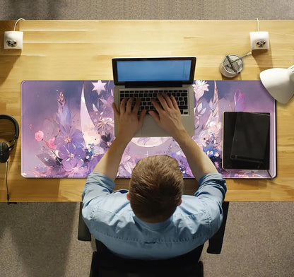 Cool Kawaii Pastel Purple Floral Large Gaming Mousepad Spiritual Full Moon XL Mouse Mat for Women Office Decor 31.5''x11.8''