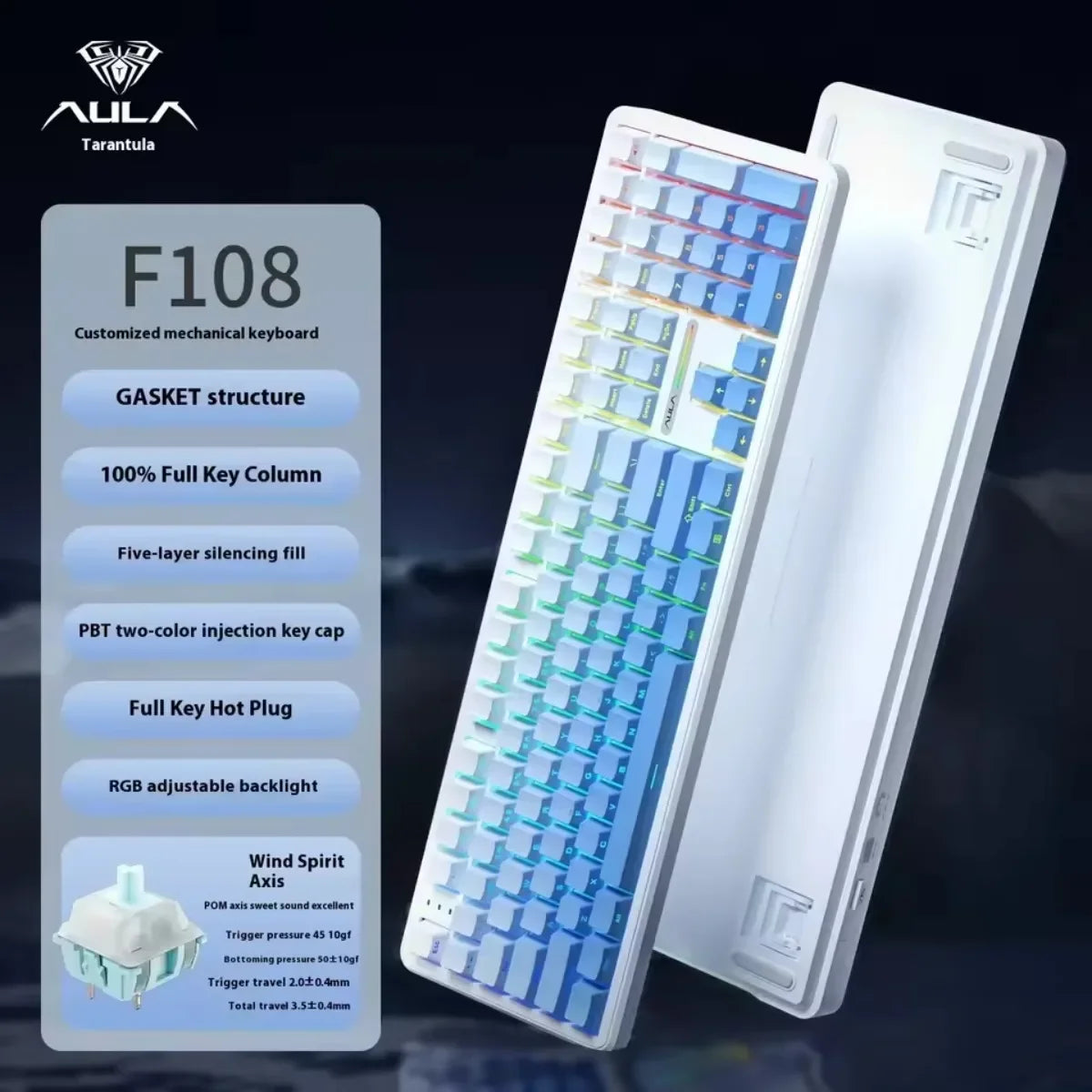 New AULA F108 Customized Gaming Keyboard 2.4GWireless/Bluetooth/Wired 100% Layout RGB Keyboard Full Key Hot Swap Game Accessorie