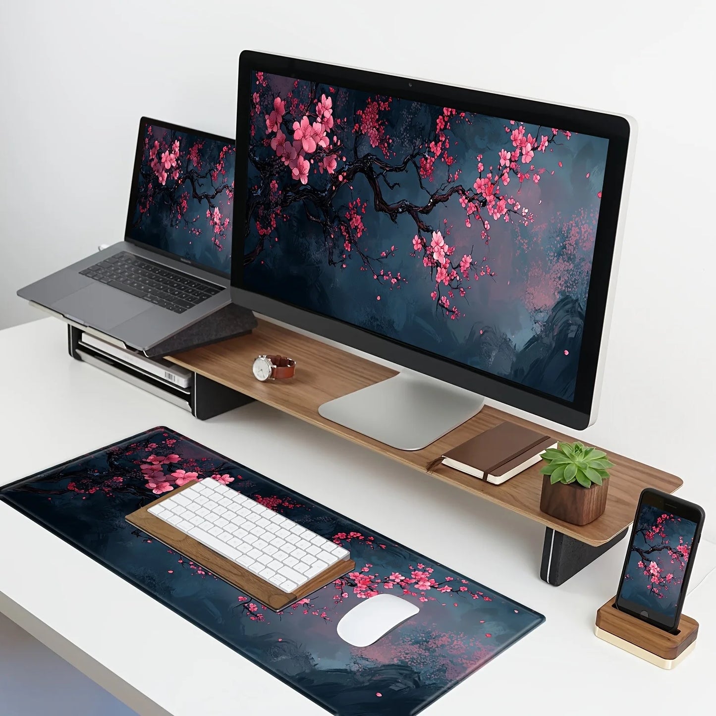 Night Cherry Blossom gaming mouse pad, washable rubber extension desk pad, 2mm lockedge large anti-slip base, Japanese-style wor