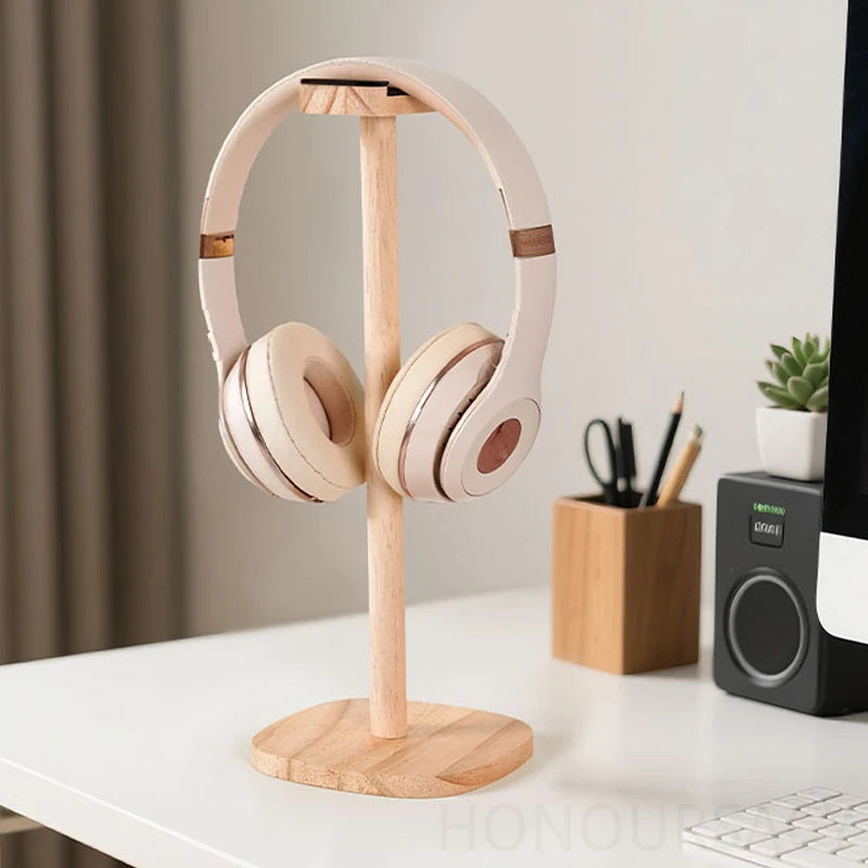Solid Wood Headphones Stand Gaming Headset Holder Desktop Display Bracket with Stable Base Top Soft Protective Pad Space Savin