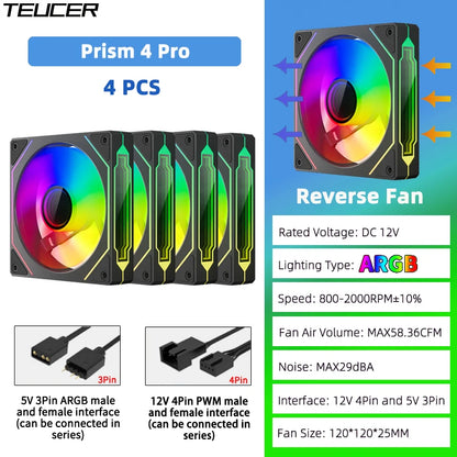 TEUCER Prism4 Pro 12cm ARGB Fan PC Case Fan Kit 4pin PWM CPU Cooling Fans 3pin 5v RGB Gaming Computer Fan