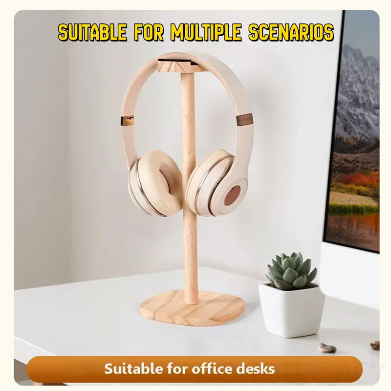 Solid Wood Headphones Stand Gaming Headset Holder Desktop Display Bracket with Stable Base Top Soft Protective Pad Space Savin
