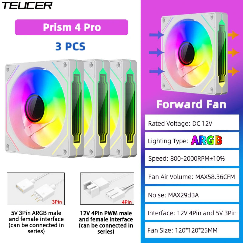TEUCER Prism4 Pro 12cm ARGB Fan PC Case Fan Kit 4pin PWM CPU Cooling Fans 3pin 5v RGB Gaming Computer Fan