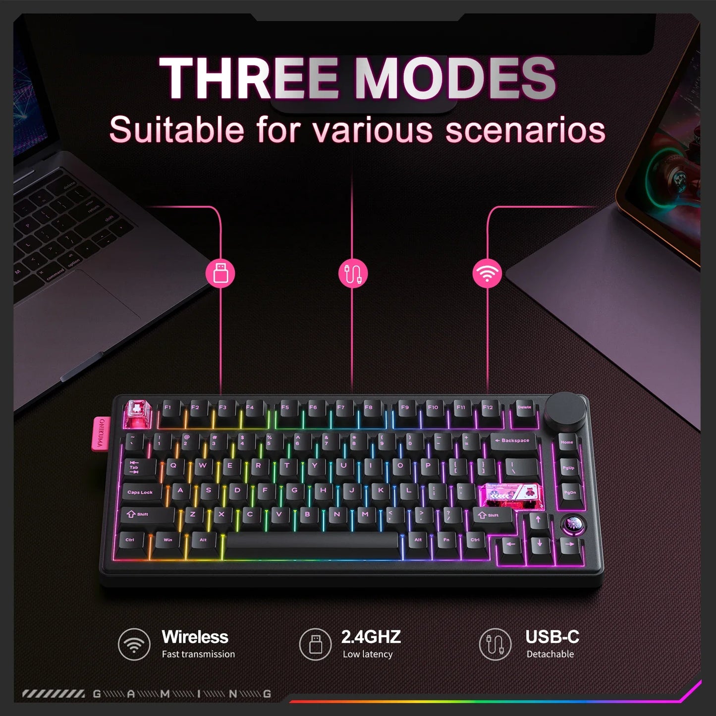ONIKUMA MT706 Wireless Gaming Keyboard Thri-mode Connection Gasket Mount Full Key Hot Swappable RGB Esports Customized  Keyboard