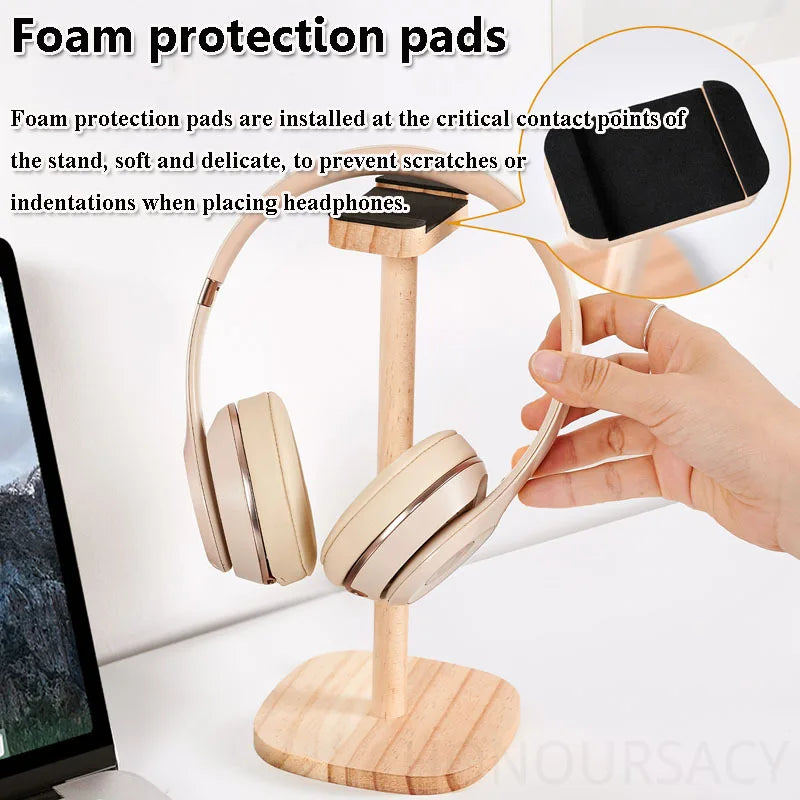 Solid Wood Headphones Stand Gaming Headset Holder Desktop Display Bracket with Stable Base Top Soft Protective Pad Space Savin