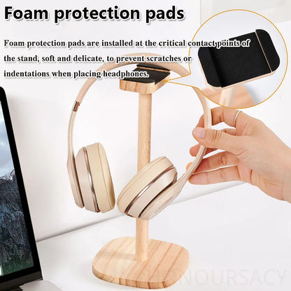 Solid Wood Headphones Stand Gaming Headset Holder Desktop Display Bracket with Stable Base Top Soft Protective Pad Space Savin