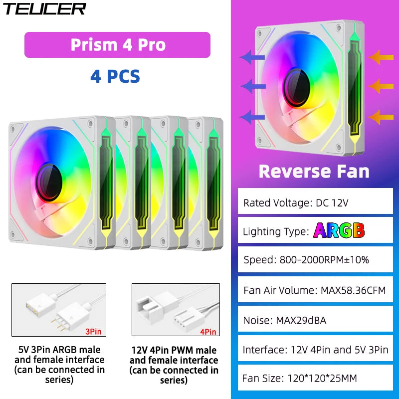 TEUCER Prism4 Pro 12cm ARGB Fan PC Case Fan Kit 4pin PWM CPU Cooling Fans 3pin 5v RGB Gaming Computer Fan
