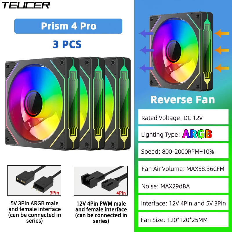 TEUCER Prism4 Pro 12cm ARGB Fan PC Case Fan Kit 4pin PWM CPU Cooling Fans 3pin 5v RGB Gaming Computer Fan