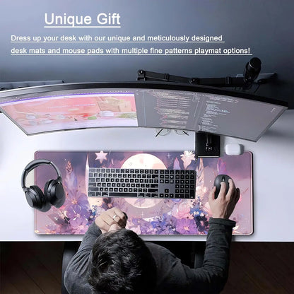 Cool Kawaii Pastel Purple Floral Large Gaming Mousepad Spiritual Full Moon XL Mouse Mat for Women Office Decor 31.5''x11.8''