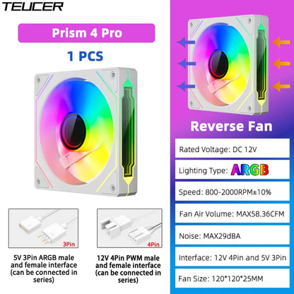 TEUCER Prism4 Pro 12cm ARGB Fan PC Case Fan Kit 4pin PWM CPU Cooling Fans 3pin 5v RGB Gaming Computer Fan