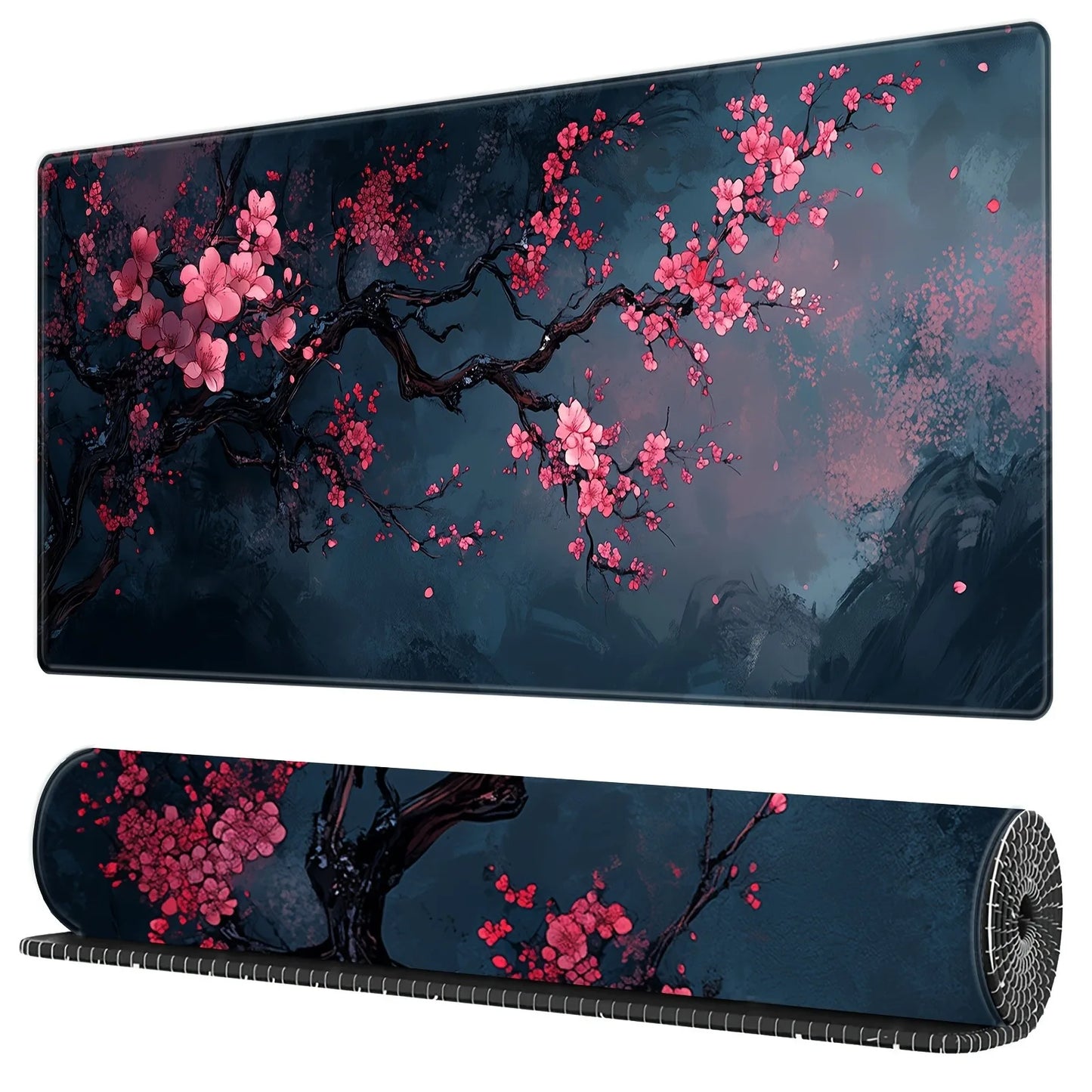 Night Cherry Blossom gaming mouse pad, washable rubber extension desk pad, 2mm lockedge large anti-slip base, Japanese-style wor