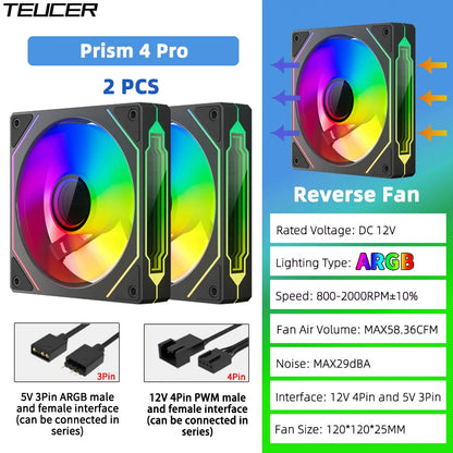 TEUCER Prism4 Pro 12cm ARGB Fan PC Case Fan Kit 4pin PWM CPU Cooling Fans 3pin 5v RGB Gaming Computer Fan