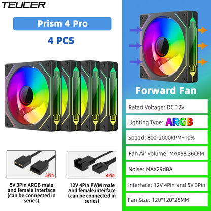 TEUCER Prism4 Pro 12cm ARGB Fan PC Case Fan Kit 4pin PWM CPU Cooling Fans 3pin 5v RGB Gaming Computer Fan