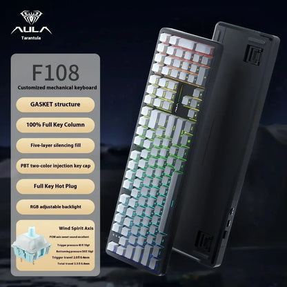 New AULA F108 Customized Gaming Keyboard 2.4GWireless/Bluetooth/Wired 100% Layout RGB Keyboard Full Key Hot Swap Game Accessorie