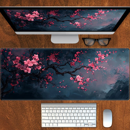 Night Cherry Blossom gaming mouse pad, washable rubber extension desk pad, 2mm lockedge large anti-slip base, Japanese-style wor