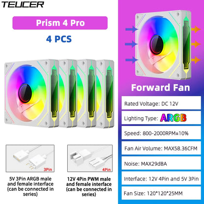 TEUCER Prism4 Pro 12cm ARGB Fan PC Case Fan Kit 4pin PWM CPU Cooling Fans 3pin 5v RGB Gaming Computer Fan