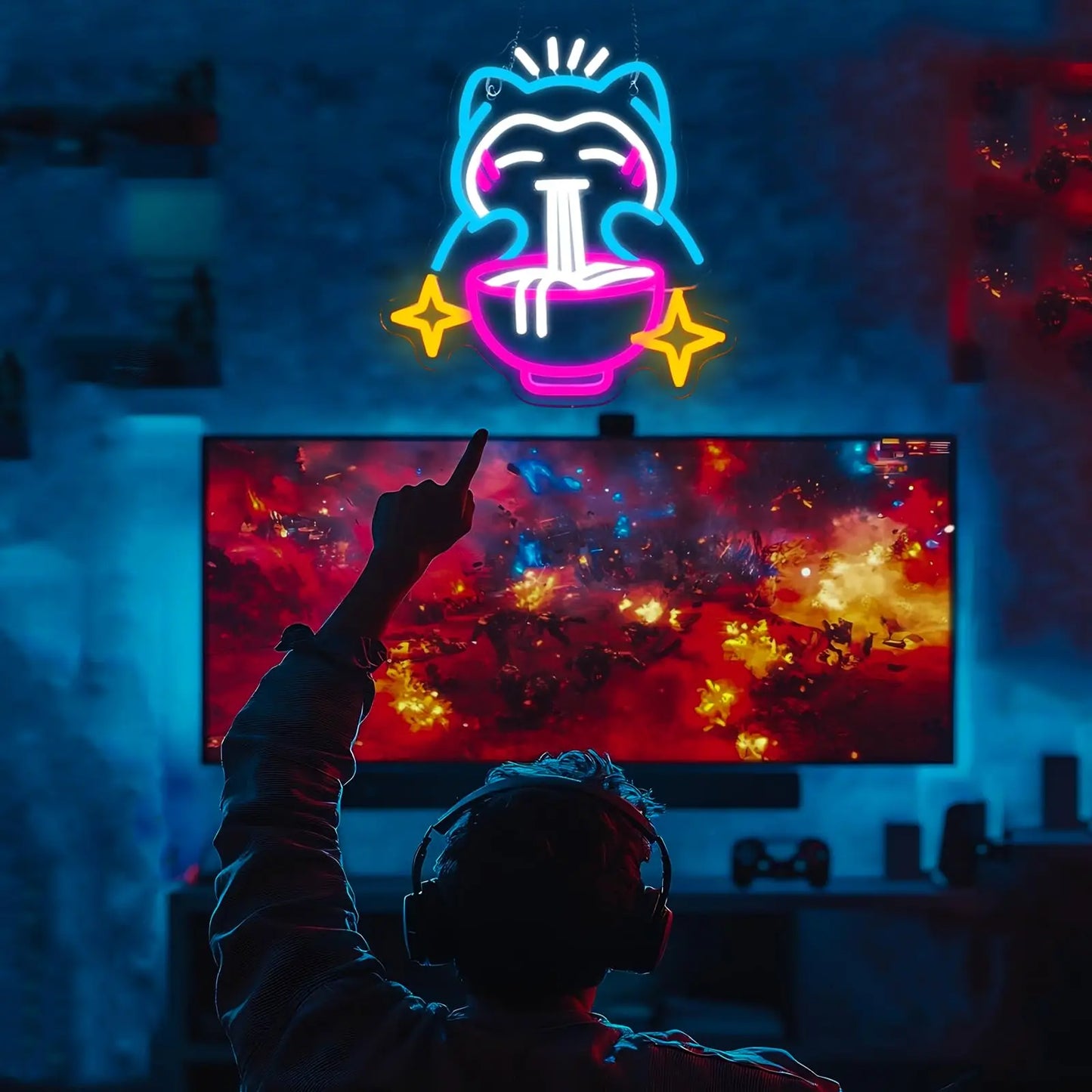 LED Ramen Neon Light - Cute Bear Noodle Neon Sign, Dimmable Japanese Wall Decor for Gaming Room, Restaurants, Bars, Kids Bedroom