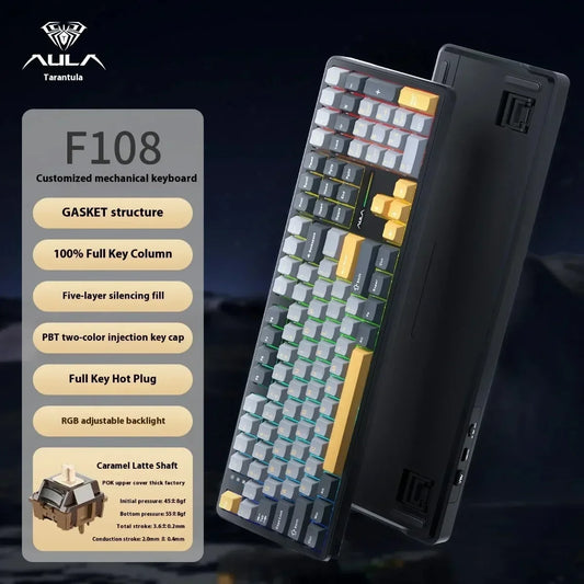 New AULA F108 Customized Gaming Keyboard 2.4GWireless/Bluetooth/Wired 100% Layout RGB Keyboard Full Key Hot Swap Game Accessorie