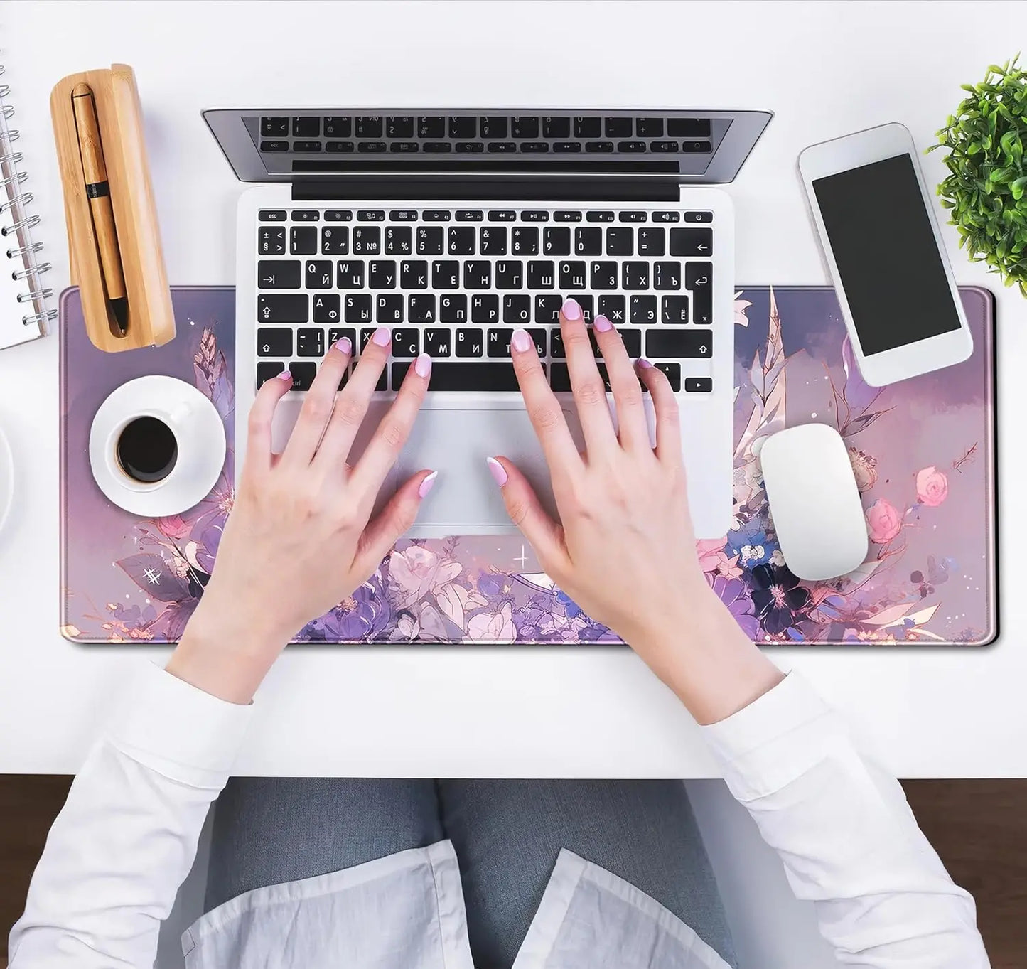 Cool Kawaii Pastel Purple Floral Large Gaming Mousepad Spiritual Full Moon XL Mouse Mat for Women Office Decor 31.5''x11.8''